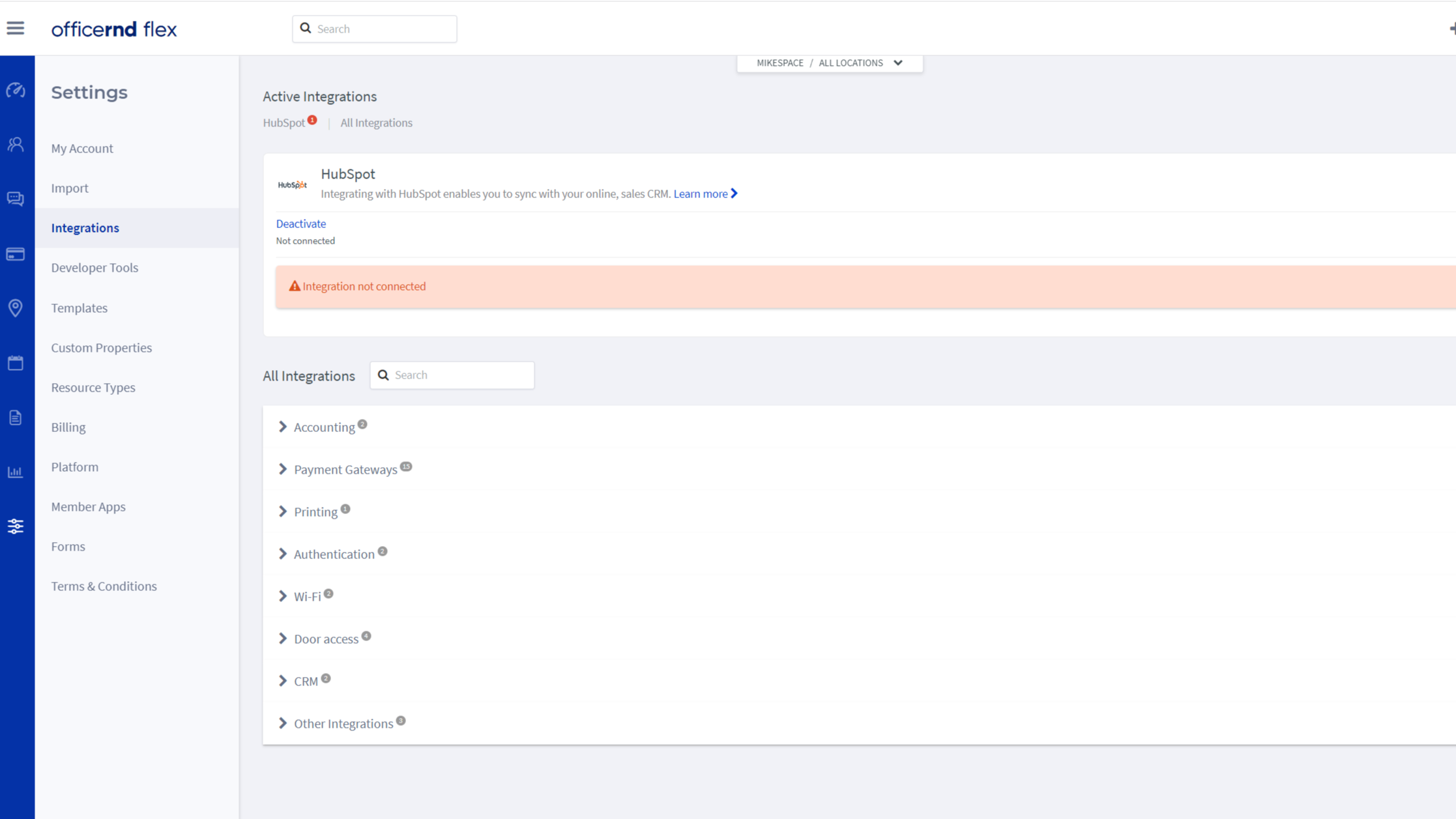 View of a connected HubSpot Account in OfficeRnD's admin panel.